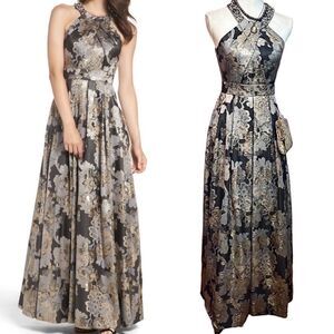Eliza J Embellished Metallic Brown Multi Floral Jacquard Ballgown